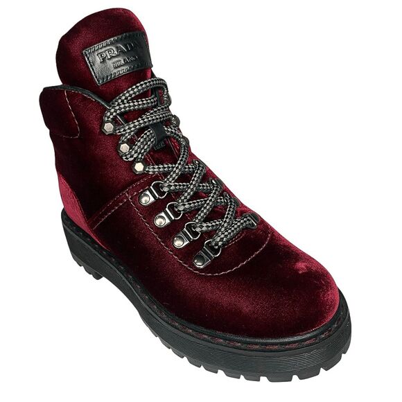 Prada Bordeaux Velvet Ankle Hiking Boots Size 37 EU 7 US Designer Italian Shoes - Picture 1 of 12